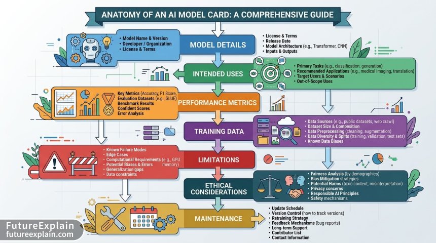 Infographic showing the complete structure of an AI model card with all sections labeled