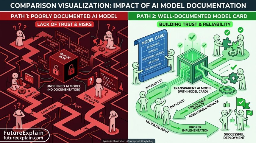 Visual comparison of outcomes with versus without proper AI model documentation