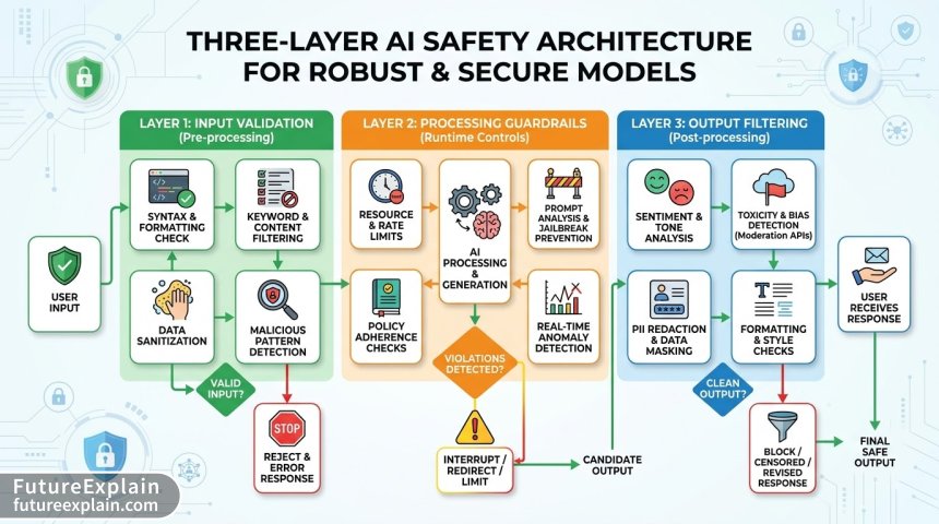 Three-layer safety architecture flowchart for AI prompt protection systems