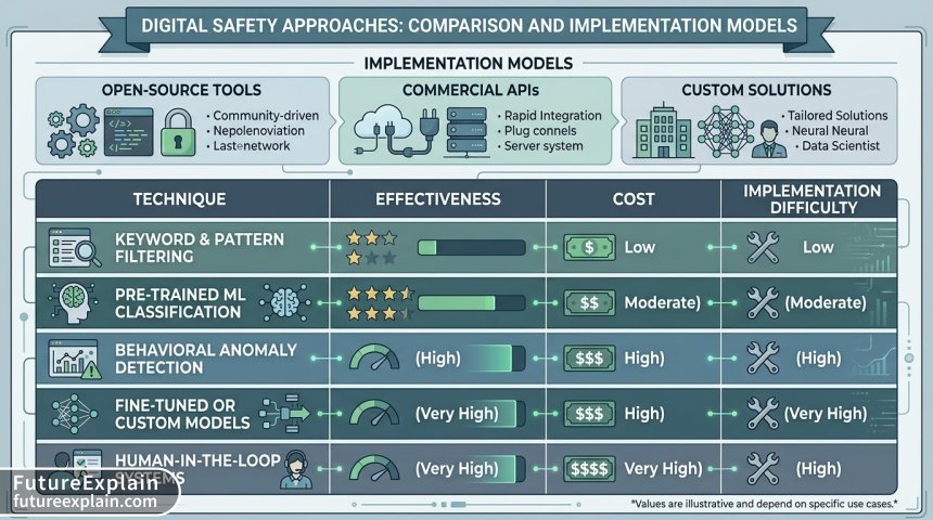 Comparison table of different AI safety techniques with effectiveness and cost metrics