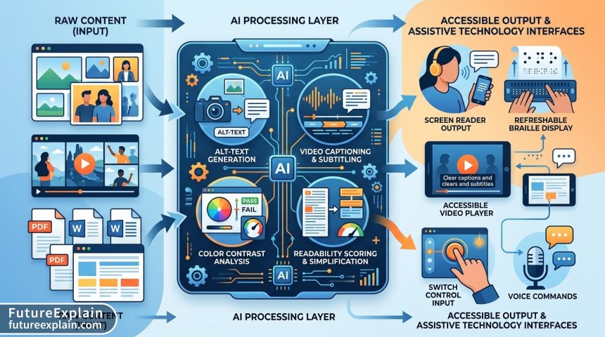 AI accessibility workflow diagram showing how artificial intelligence processes content for multiple accessibility needs