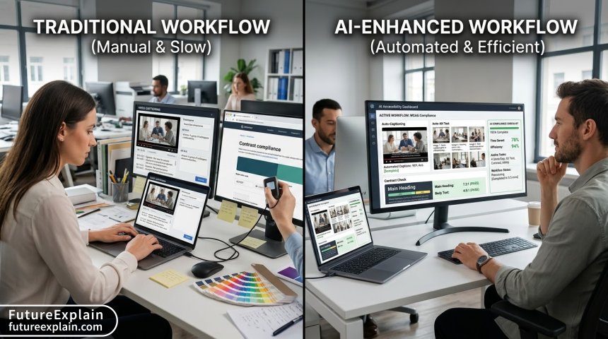 Comparison visualization of manual versus AI-assisted accessibility implementation processes