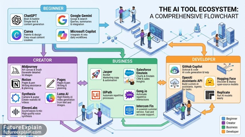 Flowchart infographic categorizing AI tools by user type and skill level