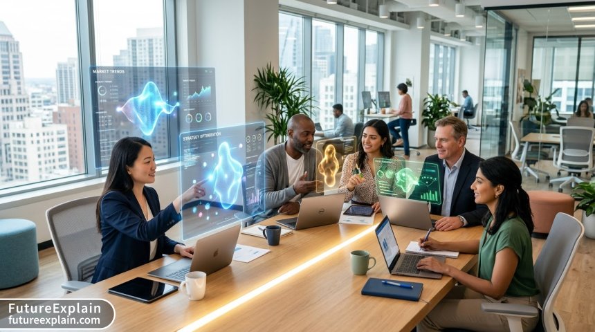 A team of professionals collaborating with multiple AI agent interfaces in a modern office.
