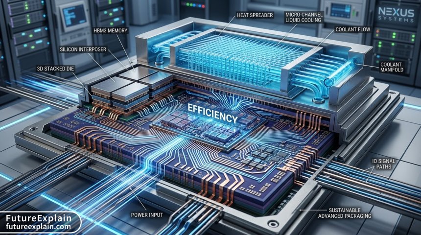 A detailed visualization of an energy-efficient AI chip architecture inside a data center.