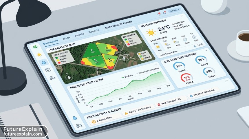 A detailed view of a digital farm management dashboard showing AI-driven analytics for crop health, yield prediction, weather, and soil conditions.