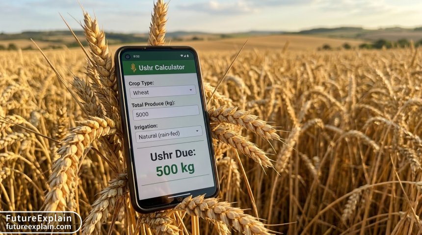 A smartphone in a wheat field displays an AI-powered Ushr calculator app, simplifying religious obligation calculation for farmers.