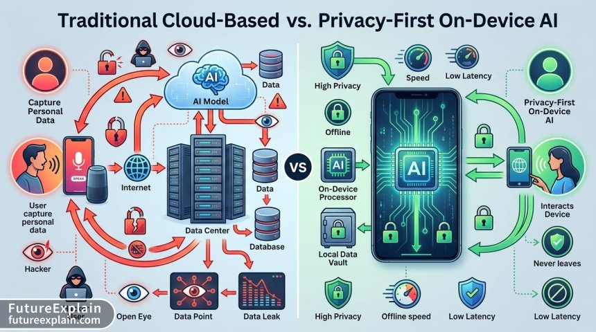 Comparison diagram: Cloud-based vs On-device AI assistant architectures for privacy