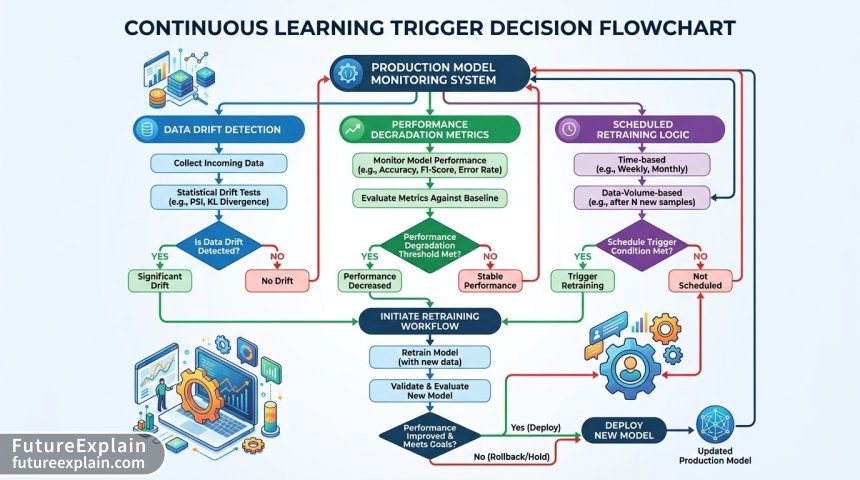 Decision flowchart for when to trigger model retraining in continuous learning systems