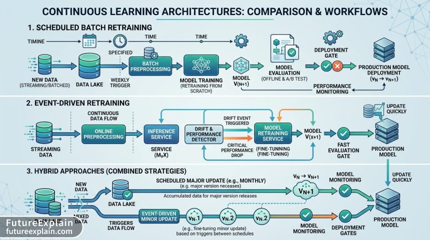 Architecture comparison diagram showing different continuous learning implementation approaches