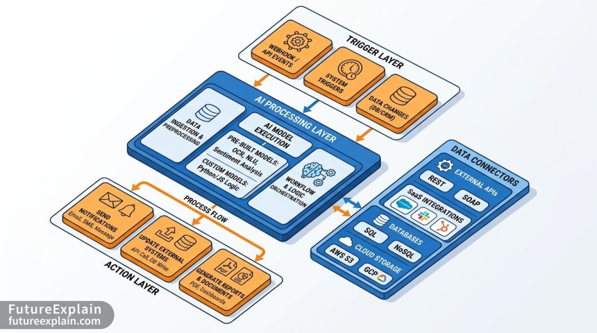 Architecture diagram of low-code AI automation platform components and connections