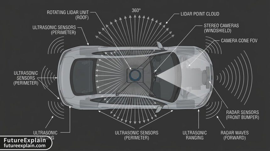 Diagram illustrating the various sensors (LiDAR, cameras, radar, ultrasonic) on an autonomous vehicle and their fields of view.