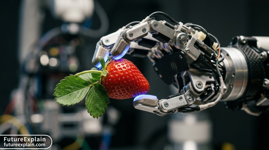 Close-up of a robotic gripper with tactile sensors delicately holding a ripe strawberry.