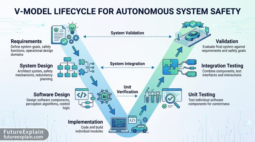 Diagram of the V-Model lifecycle for systems engineering and safety assurance.