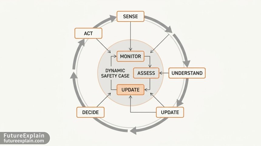 Illustration of the Sense-Understand-Decide-Act (SUDA) loop connected to a Dynamic Safety Case framework.