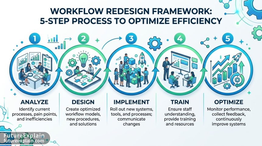 Infographic showing 5-step workflow redesign framework for human-AI collaboration