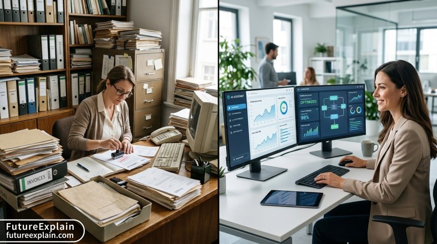 Comparison image showing traditional vs AI-enhanced workflow processes side by side