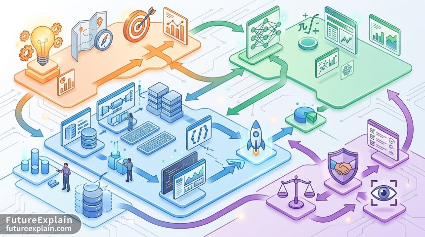 Infographic showing AI team organizational structure with different roles and workflows