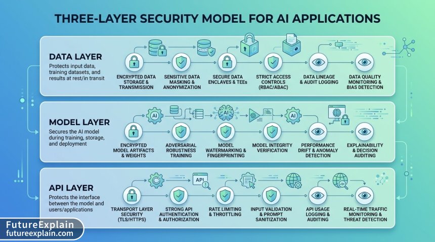 Three-layer security model infographic for AI applications showing data, model, and API protection layers