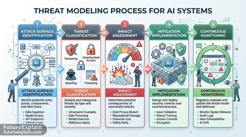 Threat modeling flowchart for AI systems with five-step security assessment process