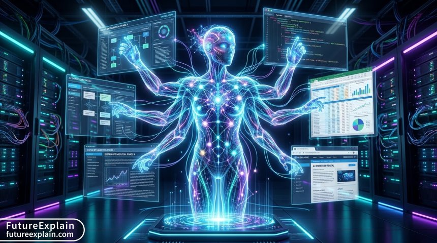 Conceptual visualization of GPT-6 Astra as a multi-tool reasoning system orchestrating complex digital workflows