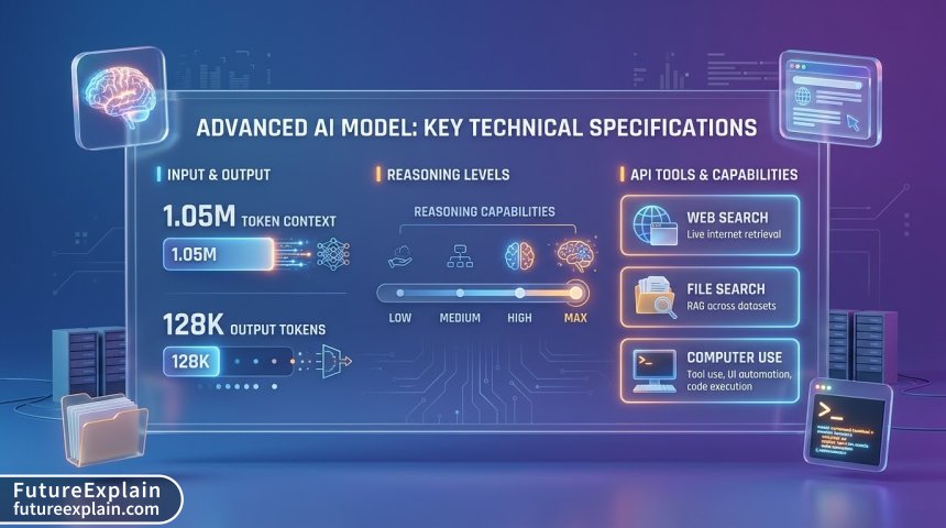 Clean infographic-style representation of GPT-6 Astra key specifications including context window, pricing, and tools