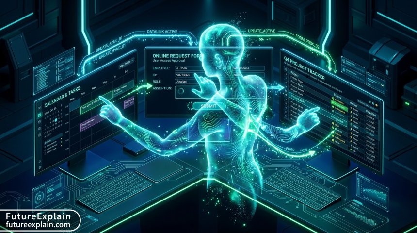 Visual metaphor of GPT-6 Astra interacting with multiple digital interfaces simultaneously for computer use automation