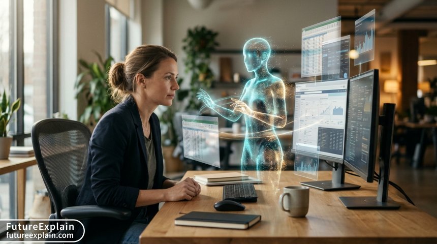 Digital visualization of an AI agent managing multi-step office workflows across multiple software applications.